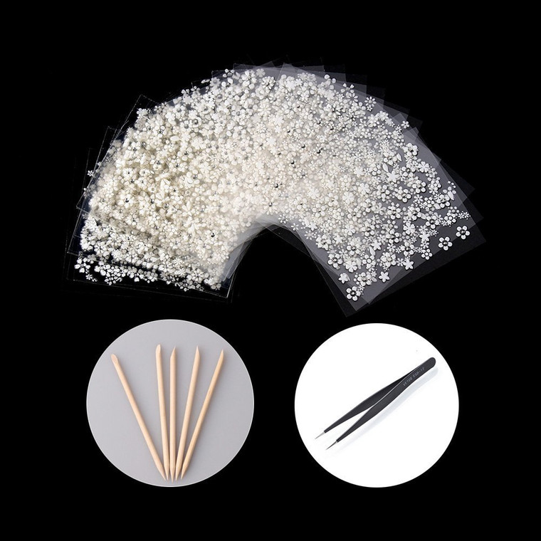 WOKOTO 30pcs White Adhesive 3d Nail Stickers Flower Nail Art Decoration Accessory With 1 Pcs Anti-Static Tweezers And 5 Pcs Wood Nail Art Stick Cutic