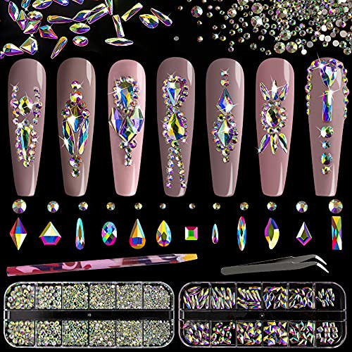 Multi Shapes 3D Glass AB Crystal Nail Art Rhinestones Kit with Flatback Round Bead Charm Gem Stone Jewelry Diamond with Pickup Pen + Tweezer for Mani