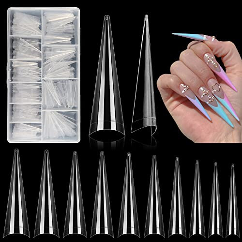 500Pcs Stiletto Nail Tips for Acrylic Nails, XL Long Clear False Nails Tips Soft Traceless, Half Cover Tapered Square False Nail Tips for Nail Extens