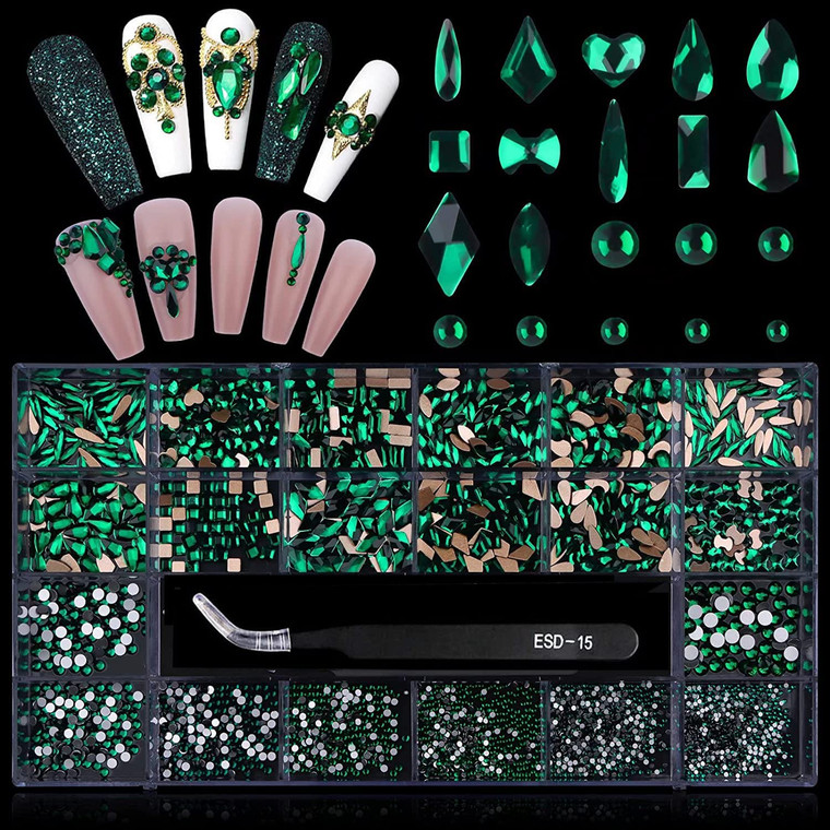 3100Pcs Green Rhinestones for Nail, EBANKU 12 Types of 600 Nail Diamonds +2500 Flat Rhinestones Kit Mixed Shape AB Nail Gems Jewels with Rhinestone P