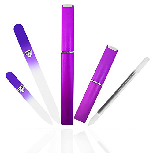 Bona Fide Beauty Glass Nail Files Kit in Purple- 3Pc Set Includes Glass Cuticle Pusher, Mini Travel Nail File, and Medium Glass File for Natural Nail