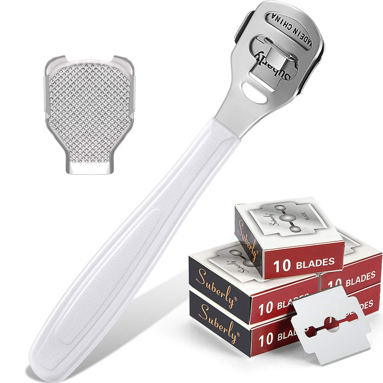 52 Pieces Callus Shaver Set, 50 Replacement Slices Blades 1 Stainless Steel Callus Shaver and 1 Foot File Head Foot Care Tools Hard Dry Skin Remover