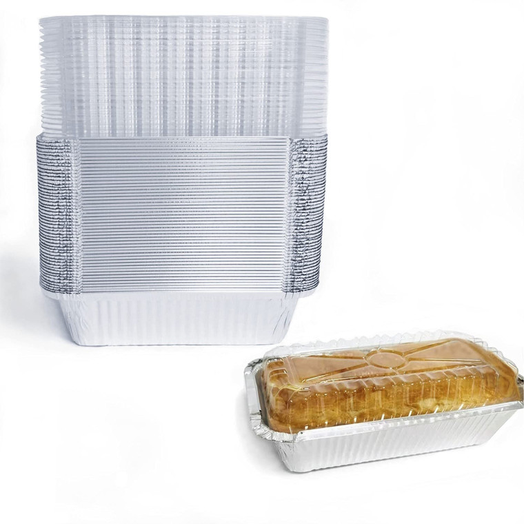 BBQMFG Disposable Loaf Pan with Lid for Baking - 1.5 Lb Disposable Bread Pans - Meatloaf Pans  50 Aluminum Foil Pans and 50 Clear Lids - Perfect for
