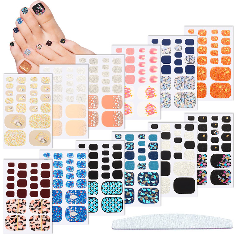 Maitys 264 Pieces 12 Sheets Toe Nail Stickers Self Adhesive Full Nail Wraps Toenail Art Polish Stickers Strips Manicure Accessories Glitter Decals wi