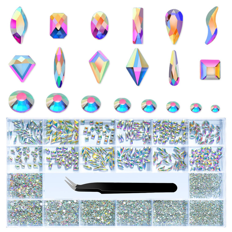 Glass Crystal AB Nail Jewels & Flatback Rhinestones Kit - Multi Shape Nail Gems & Diamonds 3D Charms with Wax Pencil & Tweezers