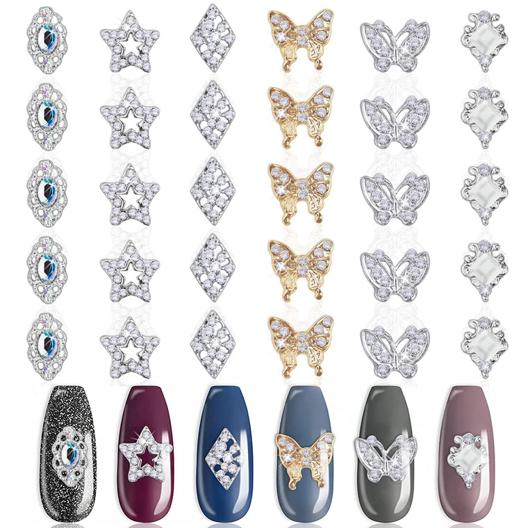 SILPECWEE 30 Pieces Rhinestones For Nails Butterfly Design Alloy Nail Jewels Nail Charm Nail Crystals 3D Nail Decoration Kit With 1Pc Tweezers