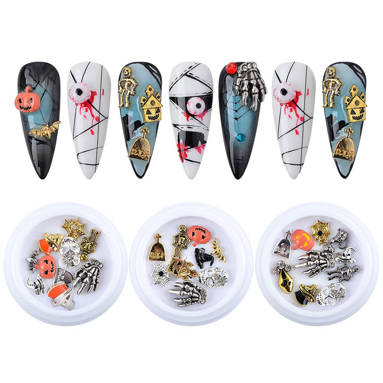 QIMYAR Nail Charms Halloween for Acrylic Nails 3D Nail Art Charms Nail Decoration Manicure Kit Mixed Skull Pumpkin Skeleton Hands Bat Witch Spider We