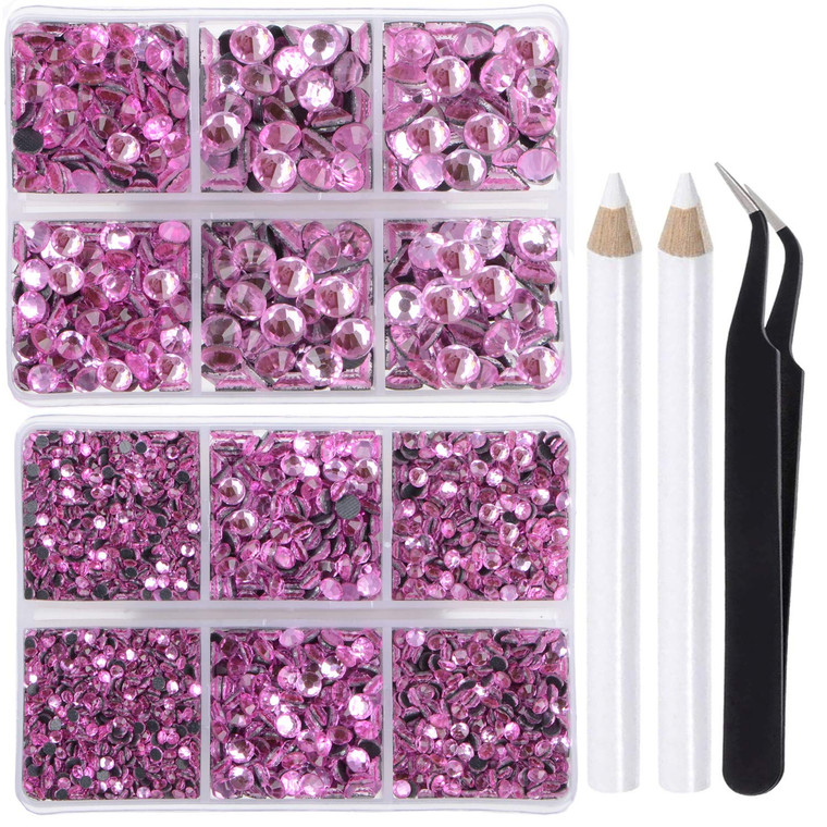 LPBeads 6400 Pieces Hotfix Rhinestones Pink Flat Back 5 Mixed Sizes Crystal Round Glass Gems with Tweezers and Picking Rhinestones Pen