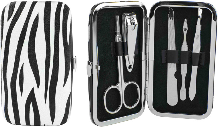 5-Piece Manicure Grooming Kit Set in Zebra Print Travel Case (Clipper, Scissor, Double-Sided Push Stick, Nail File, Tweezers)