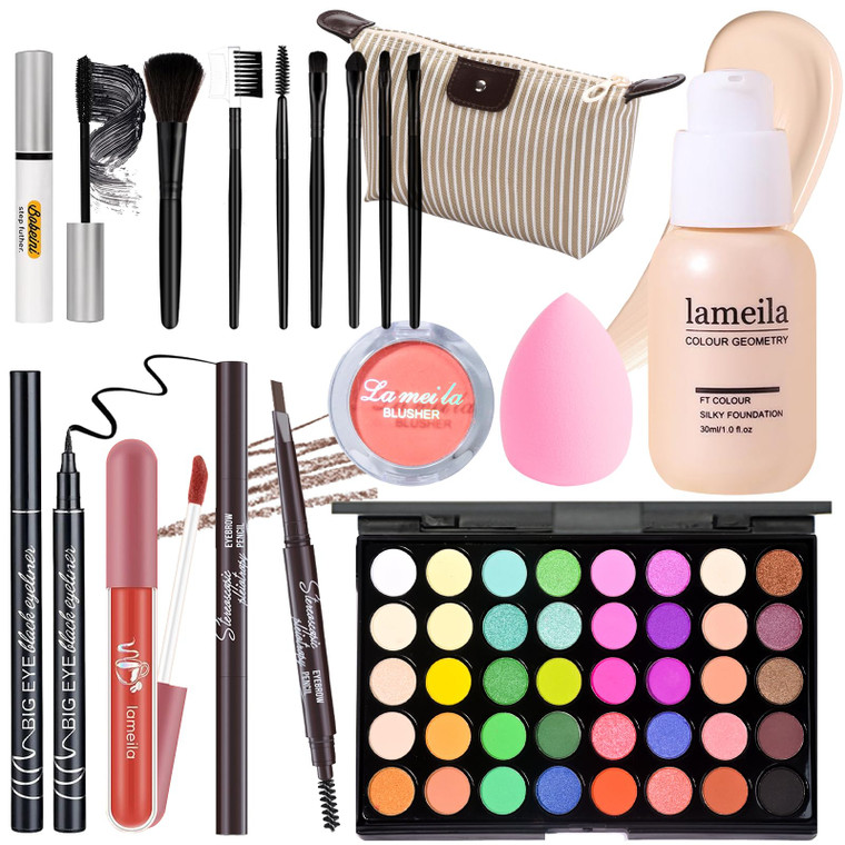 YBUETE Makeup Set Full Kit for Girls Teens Women, Makeup Present Set, Includes Eyeshadow, Foundation, Blusher, Eyebrow Pencil, Mascara, Eyeliner, Bru