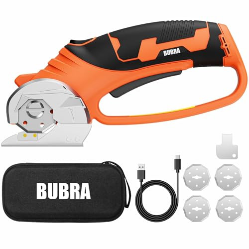 BUBRA Cordless Electric Scissors, 4V Cardboard Cutter with 4 Blades, Rechargeable Box Cutter up to 1/3", with Storage Bag, Safety Lock & LED Light, E