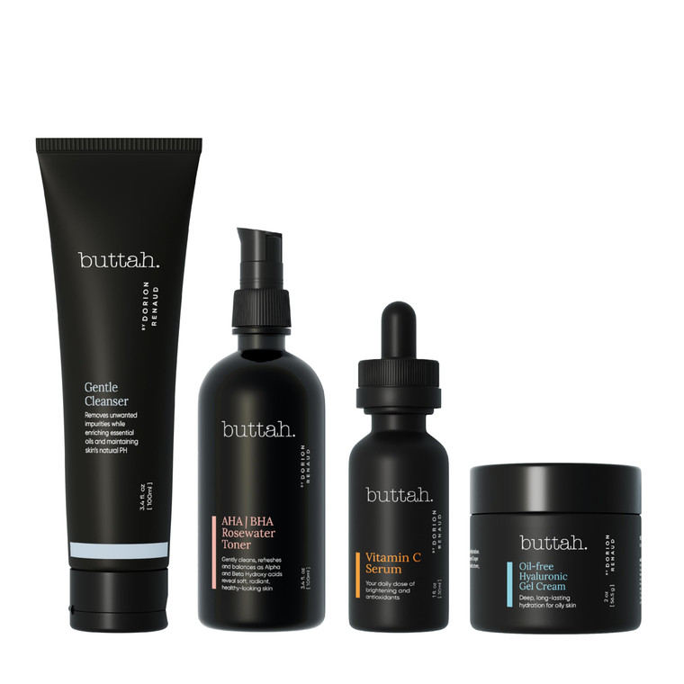 Buttah Skin Supreme Kit for Melanin Rich Skin | Oil-Free Hyaluronic Gel Cream 2 oz | Vitamin C Serum 1 oz | Cleanser 3.4 oz | Rosewater Toner 3.4 oz