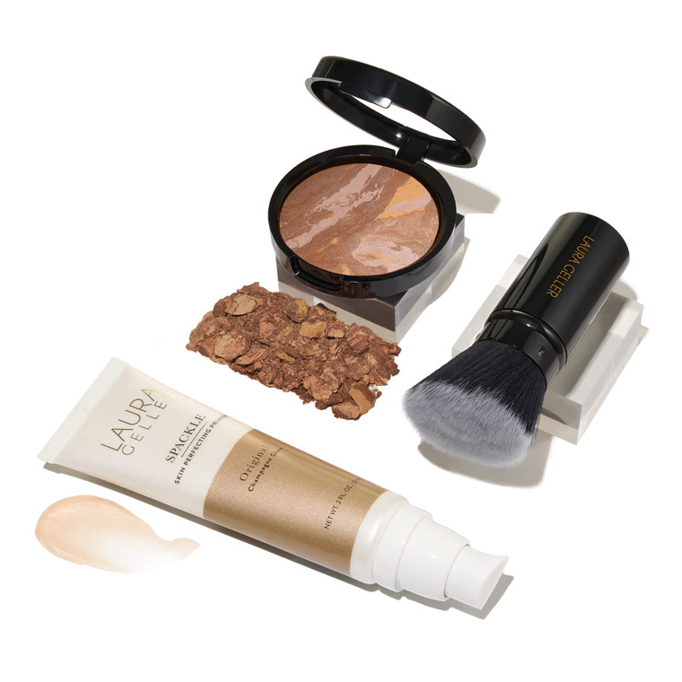 LAURA GELLER NEW YORK Everyday Routine Kit - Baked Balance-N-Brighten Color Correcting Powder Foundation, Tan + Retractable Angled Kabuki + Spackle M