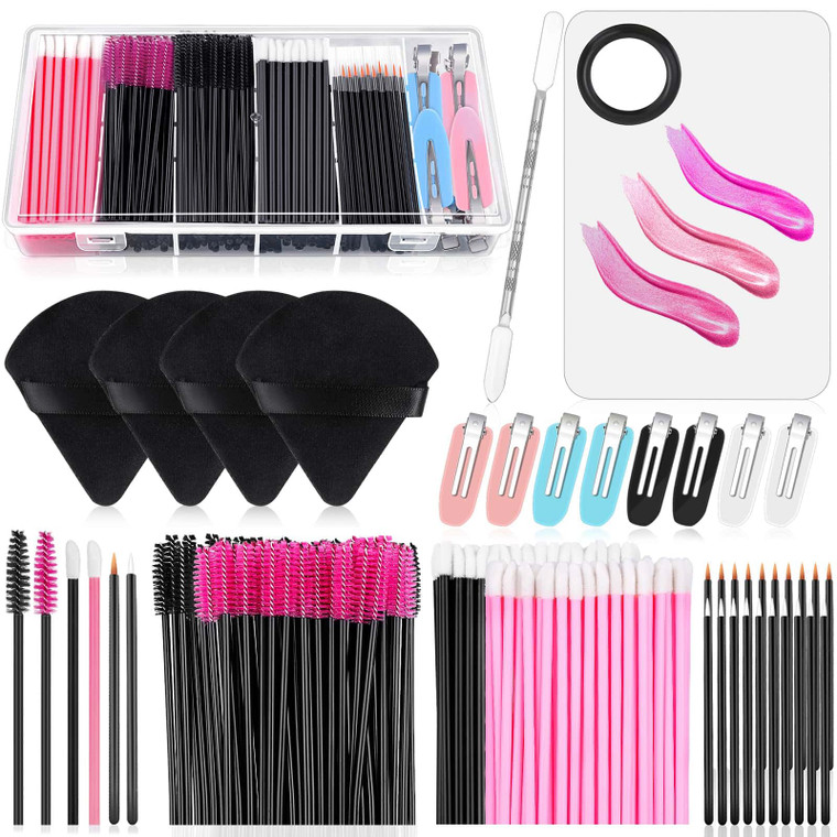 Disposable Makeup Applicators Kit with Triangle Puff Mixing Palette, Artist Supplies Disposable Mascara Wands, Lip Brushes, Hair Clips Powder Puffs f