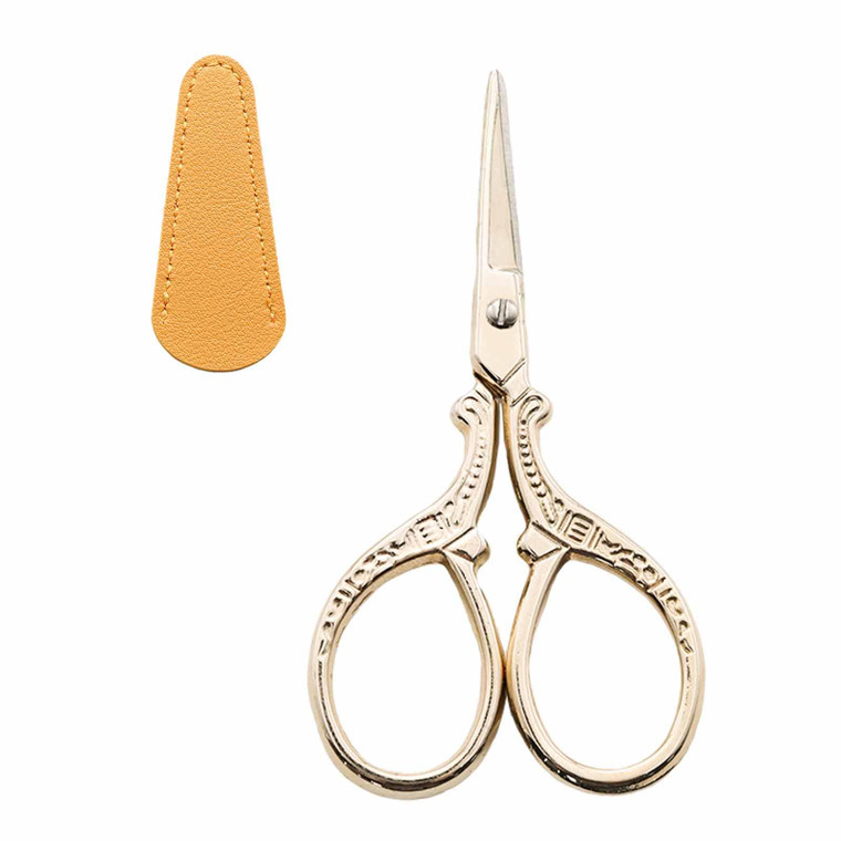 Wuyituart 2 Pcs 3.6 Inch Mini Sewing Scissors Small Needlepoint Embroidery Scissors Thread Snips with Leather Cover, Gold+Rainbow