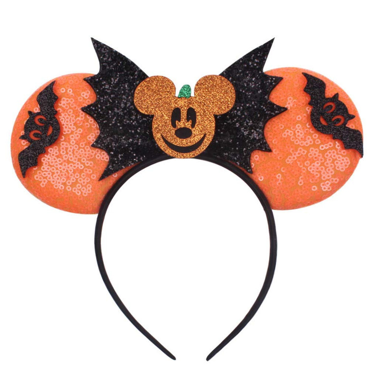 Mouse Ear Headband Hair Hoop with Orange Cat Ear Bow, Pumpkin and Bat Decor - Halloween Party Accessories