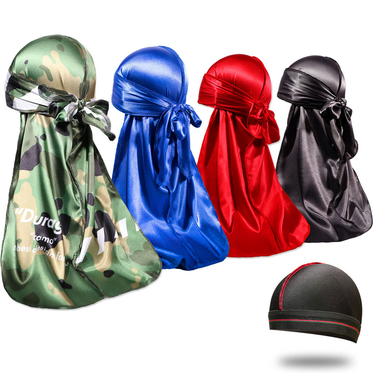 4PCS Silky Durags for Men 360 Waves, Designer Do Rag, 1 Wave Cap (Camou Blue BlackRed)
