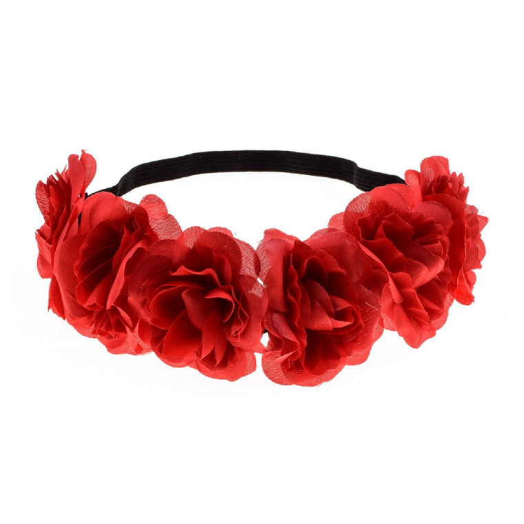 Love Sweety Delicate Dew Rose Flower Headband Floral Crown Mexican Hair Wreath (Red)