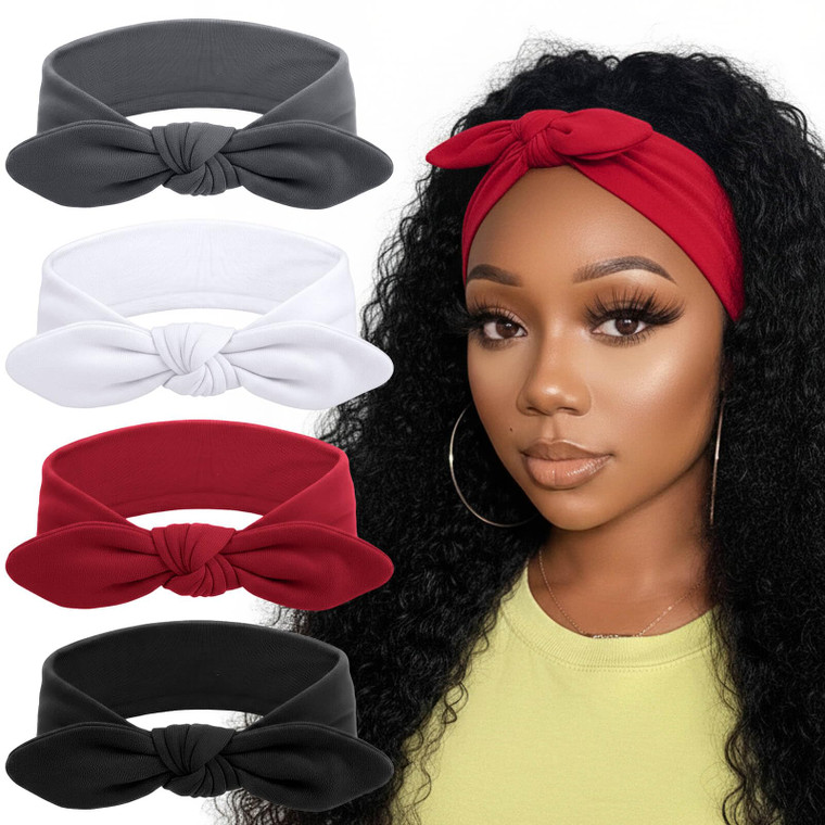 DRESHOW 4 Pack Headbands for Women Bow Knotted Hair Band Facial Cloth Rabbit Ears Running Sport Elastic Hair Wrap