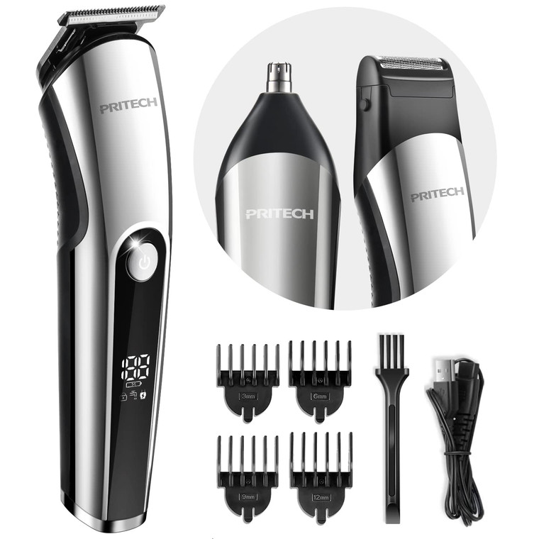 PRITECH Beard Trimmer for Men, 3 in 1 Hair Clippers for Men Kit, Nose,Ear,Micro Electric Shaver, Mens Grooming Set Cordless with LED Display IPX6 Wat