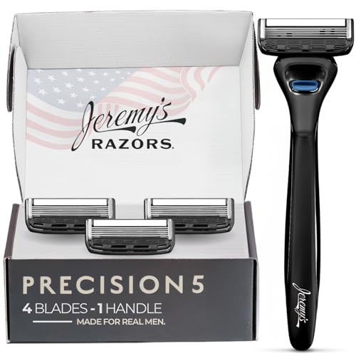Jeremy's Razors for Men: Precision 5 Blade Razor - Stainless Steel Blades, Lubricating Strip, Precision Trimmer - Men's Shaving Kit, Travel Face Body