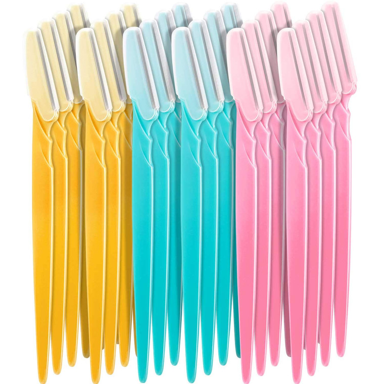 Boao 24 Pcs Eyebrow Razor Face Dermaplane Razor for Women and Men Fuzz Face Shaver Colorful Facial Shaper Trimmer with Precision Cover Dermaplaning B