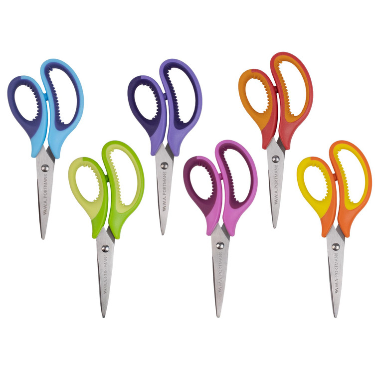 WA Portman 6 Pk Pointed Tip Kids Scissors for School - 5 Inch Scissors for Kids - Back to School Supplies - No-slip Grip & Durable Stainless Steel Bl