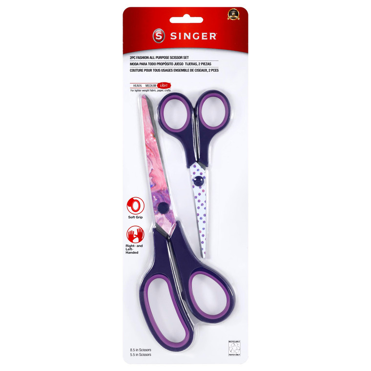 SINGER All Purpose Fashion Scissor Set - Sizes 8.5 & 5.5 Scissors, Sharp Stainless-Steel Blades, Comfort Grip Handles, Sewing & Craft Scissors, 2pc