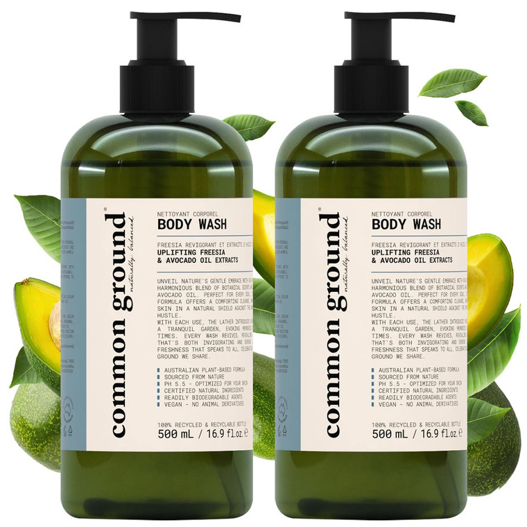 COMMON GROUND Natural Body Wash - Paraben & Cruelty Free, Vegan, Plant-Based, Botanical Freesia Scent & Avocado Oil Extracts - All Skin Types, Men &
