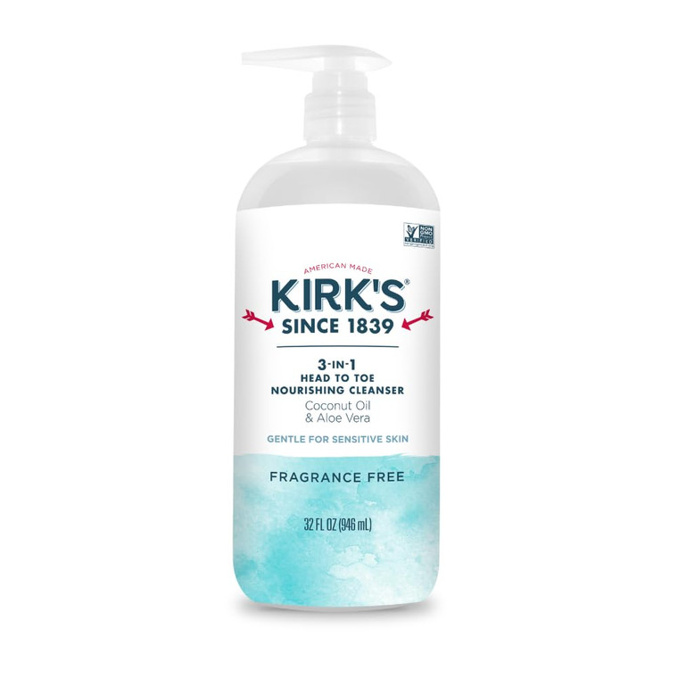 Kirk's 3-in-1 Head to Toe Nourishing Liquid Cleanser- for Men, Women & Children - Premium Coconut Oil & Aloe Vera- Non GMO & Vegan -Fragrance Free -