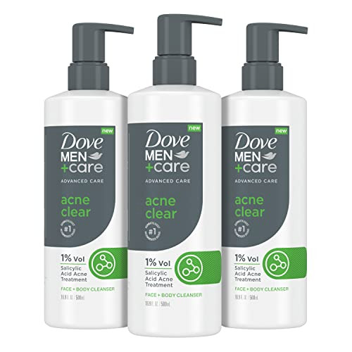 Dove Men+Care Advanced Care Cleanser Acne Clear 3 Count for Acne Prone Skin Face + Body Cleanser with 1% Salicylic Acid 16.9 oz
