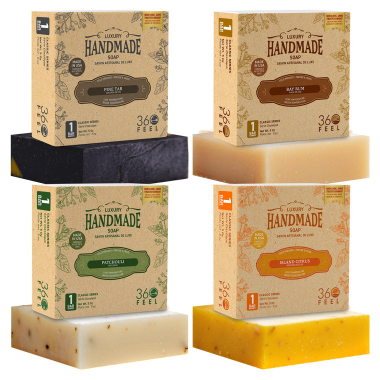 360Feel Mens Bar Soap - Made in the USA - Castile Handmade All Natural Cold Processed - Includes 4 Bold Masculine Scents: Bay Rum, Pine Tar Black Soa