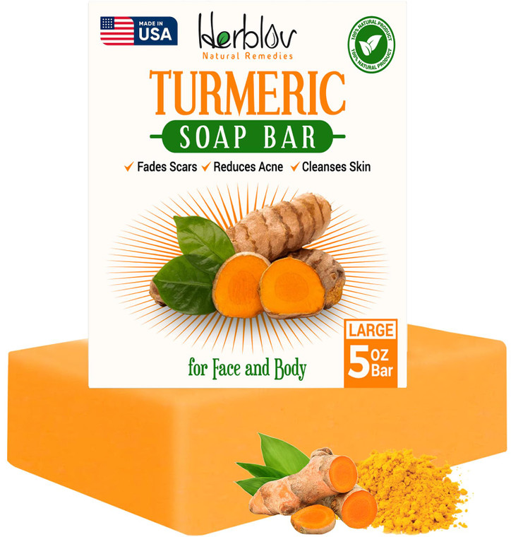 Herblov Natural Turmeric Soap Bar for Face & Body  Skin Brightening Soap for Dark Spots, Intimate Areas, Underarms  Exfoliating Face Wash Reduces A