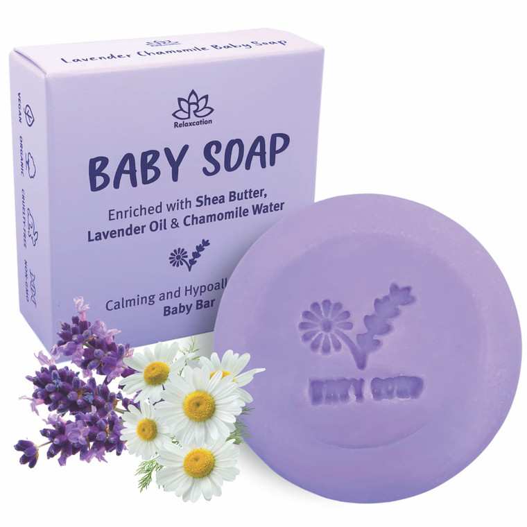 Relaxcation MADE IN USA LAVENDER & CHAMOMILE BABY Soap Bar for KIDS with Lavender Essential Oils, Organic Chamomile Water, and Shea Butter - Naturall