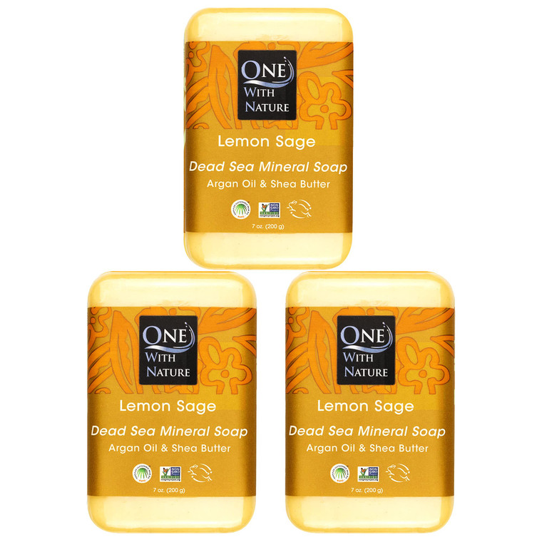 One With Nature Dead Sea Salt Lemon Sage Soap 7oz 3-Pack  Purifying and Exfoliating Soap Bar with Dead Sea Minerals for Face & Body, for Men & Women