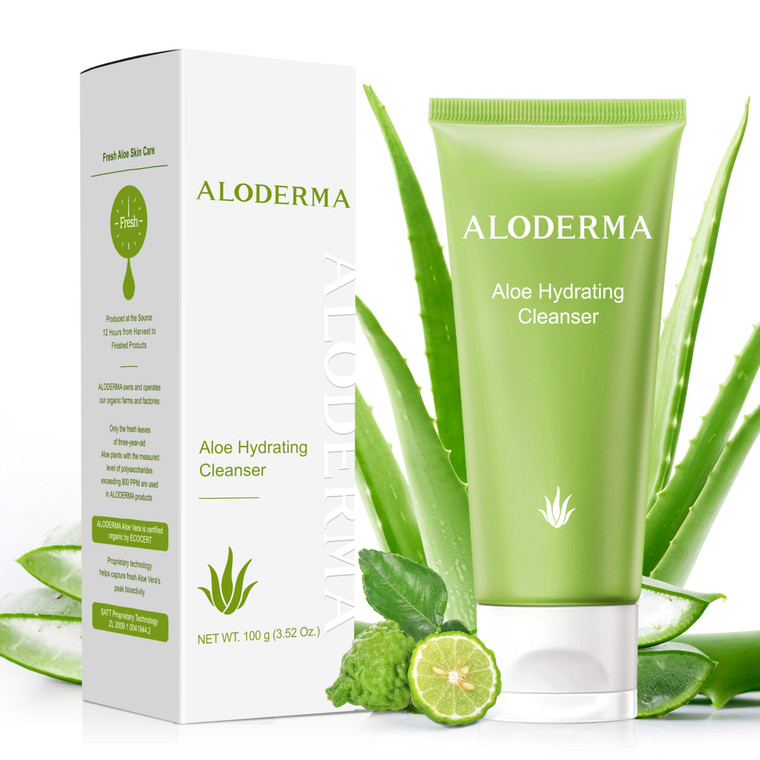 Aloderma Hydrating Facial Cleanser with Organic Aloe Vera - Daily Moisturizing Aloe Face Wash with Shea Butter, Vitamin E - Nourishing Face Cleanser