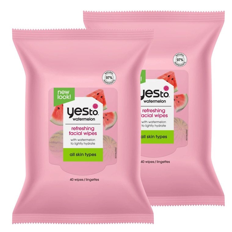 Yes To Face Wipes for Women and Men, Refreshing Facial Cleansing Wipes for use as a Make Up Remover, Cleaning, Soothing, Watermelon (Pack of 2)