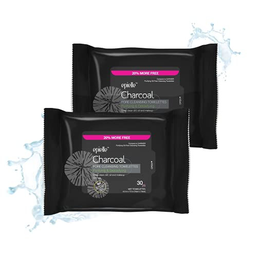 Epielle Charcoal Makeup Remover Wipes, Purifying & Detoxifying, Pore Cleaning Facial Cleanser Towelettes, Remove Dirt, Oil, Waterproof Mascara, Stock