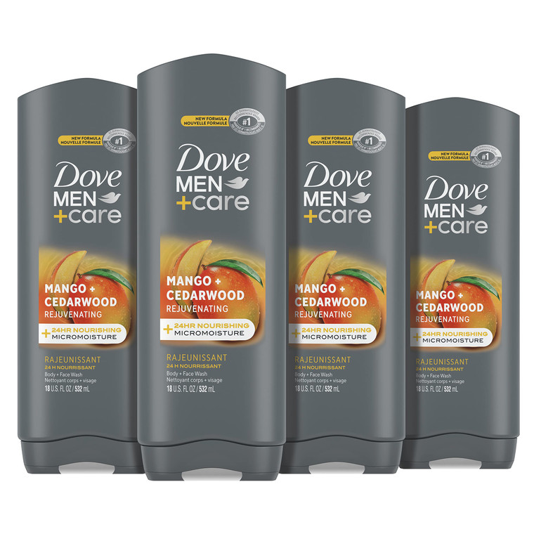Dove Men+Care Body Wash Rejuvenating Mango + Cedarwood 4 Count for Men with 24-Hour Nourishing Micromoisture Technology 18 oz