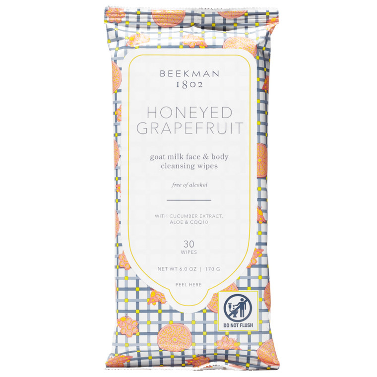 Beekman 1802 Face & Body Wipes, Honeyed Grapefruit - Scented - 30 Count - Cleanses - With Goat Milk, Aloe & Vitamin E - Alcohol Free, Biodegradable -