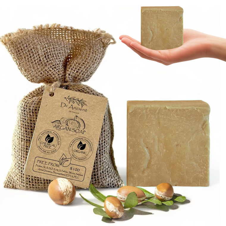 Dr.Ancient Argan Soap Bar, Organic Soap Bars Handcrafted the Traditional Way, Natural Chemical-Free, Vegan, Used for Face Wash, Body Wash, Hand Clean