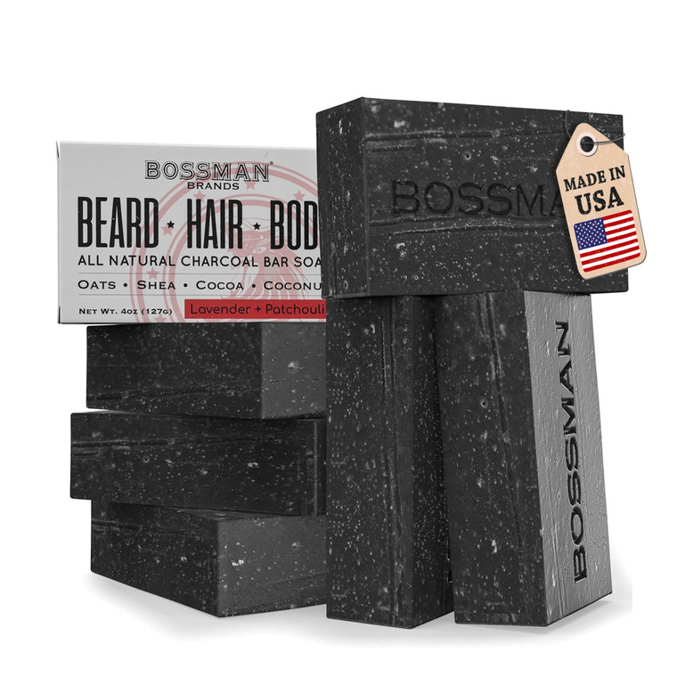 Bossman 6-Pack 4-in-1 Charcoal Soap Bar (4 oz)  Bar Soap for Men  All-Natural Beard Wash, Shampoo, Body Wash & Shaving Solution  Lavender & Patcho