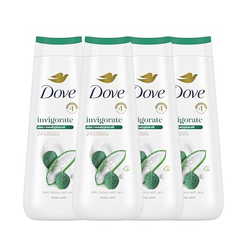 Dove Body Wash with Pump 4 Count Invigorate Aloe & Eucalyptus For 24hr Lotion-Soft Skin Moisturizing Skin Cleanser with No Sulfates No Parabens