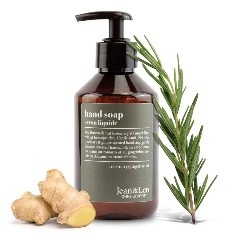 Jean & Len Hand Soap Rosemary & Ginger, gently cleanses stressed hands, suitable for daily use, liquid soap in pump dispenser, fresh and spicy fragra