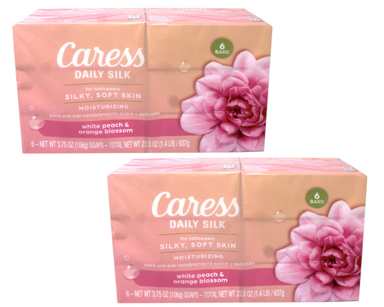 Caress Daily Silk Moisturizing Soap, White Peach & Orange Blossom, 3.75 oz 6 Bars - 2 Pack