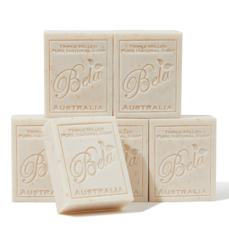 BELA Oatmeal Soap with Milk and Bran 3.3 OZ, Pack of 6, Long Lasting French Triple Milled Bar Soap with Organic Shea Butter, Hand, Face and Body Wash