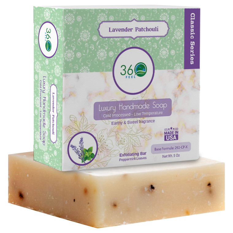360Feel Lavender Patchouli Soap - Made in the USA - Castile Handmade, All-Natural, Cold-Processed - Infused with Lavender & Patchouli Scent for Relax