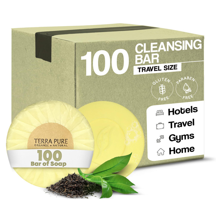 Terra Pure Travel Size Hotel Bar Soap 100 Count 0.6 oz Body Bars Guest Amenities for Hotels Vacation Rentals and Short Term Rentals Paraben Free Gree