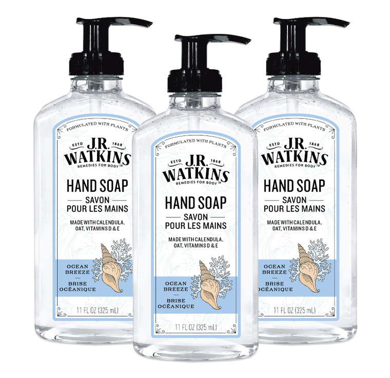 J.R. Watkins Gel Hand Soap, Scented Liquid Hand Wash for Bathroom or Kitchen, USA Made and Cruelty Free, 11 fl oz, Ocean Breeze, 3 Pack