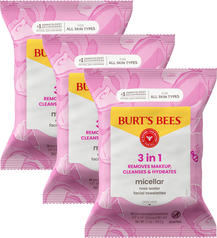 Burts Bees Micellar Rose Water Facial Towelettes, 100% Plant Based Cloth; 99% Natural Origin; Remove Makeup, Cleanse, Hydrate; No Oily Residue; All